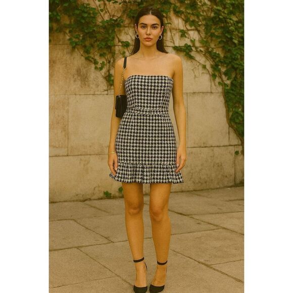 LDT RILEY STRAPLESS FLOUNCE TWEED MINI DRESS Black and White Houndstooth size 4 - Picture 1 of 10